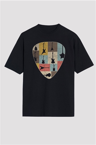 Elektro Gitar Baskılı Unisex Siyah Oversize Tişört - Tshirt