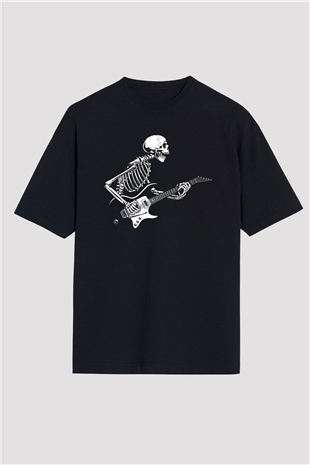 Elektro Gitar Baskılı Unisex Siyah Oversize Tişört - Tshirt