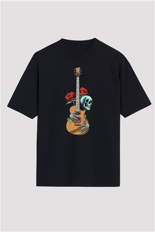 Elektro Gitar Baskılı Unisex Siyah Oversize Tişört - Tshirt