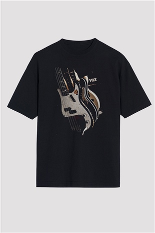 Elektro Gitar Baskılı Unisex Siyah Oversize Tişört - Tshirt