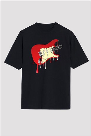 Elektro Gitar Baskılı Unisex Siyah Oversize Tişört - Tshirt
