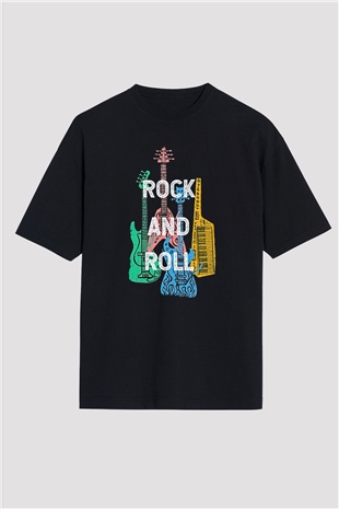 Elektro Gitar Baskılı Unisex Siyah Oversize Tişört - Tshirt