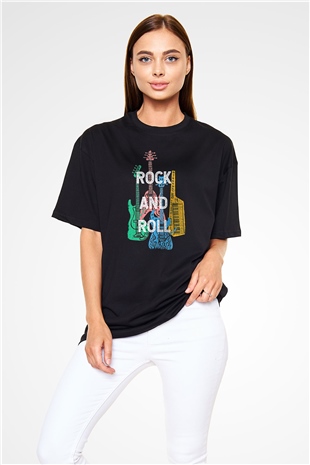 Elektro Gitar Baskılı Unisex Siyah Oversize Tişört - Tshirt