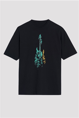 Elektro Gitar Baskılı Unisex Siyah Oversize Tişört - Tshirt