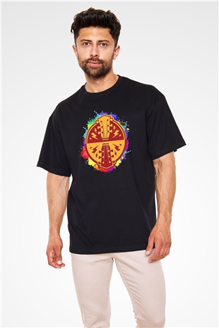 Elektro Gitar Baskılı Unisex Siyah Oversize Tişört - Tshirt