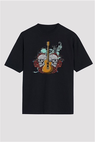 Elektro Gitar Baskılı Unisex Siyah Oversize Tişört - Tshirt