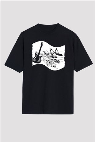 Elektro Gitar Baskılı Unisex Siyah Oversize Tişört - Tshirt