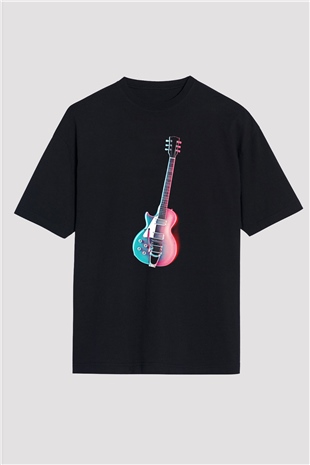Elektro Gitar Baskılı Unisex Siyah Oversize Tişört - Tshirt