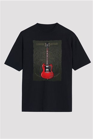 Elektro Gitar Baskılı Unisex Siyah Oversize Tişört - Tshirt