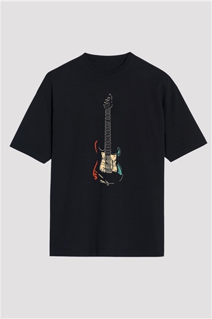 Elektro Gitar Baskılı Unisex Siyah Oversize Tişört - Tshirt