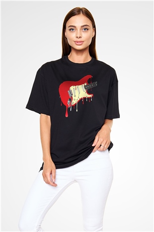 Elektro Gitar Baskılı Unisex Siyah Oversize Tişört - Tshirt