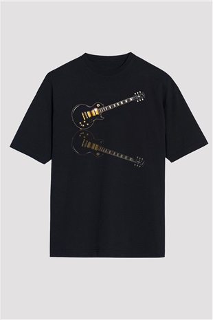Elektro Gitar Baskılı Unisex Siyah Oversize Tişört - Tshirt