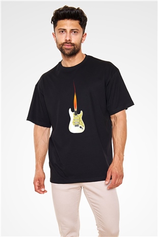 Elektro Gitar Baskılı Unisex Siyah Oversize Tişört - Tshirt