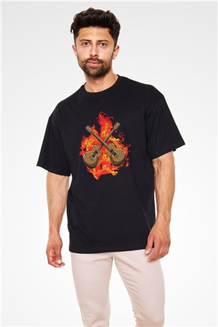 Elektro Gitar Baskılı Unisex Siyah Oversize Tişört - Tshirt