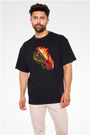 Elektro Gitar Baskılı Unisex Siyah Oversize Tişört - Tshirt