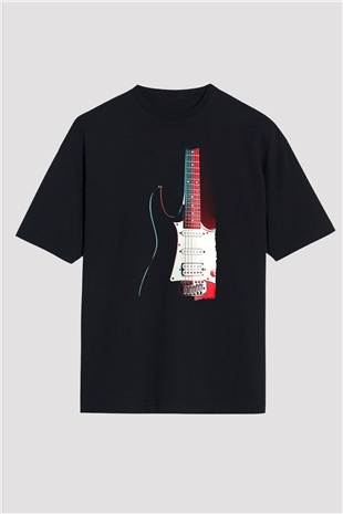 Elektro Gitar Baskılı Unisex Siyah Oversize Tişört - Tshirt