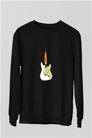 Elektro Gitar Baskılı Unisex Siyah Sweatshirt