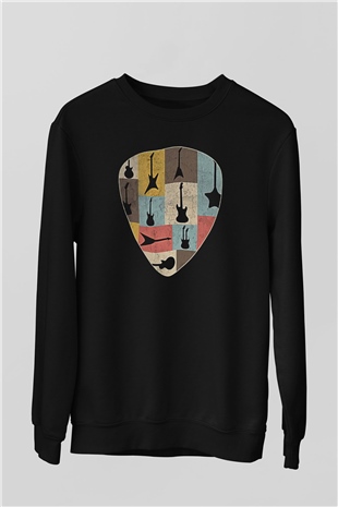 Elektro Gitar Baskılı Unisex Siyah Sweatshirt