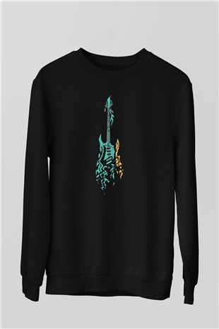 Elektro Gitar Baskılı Unisex Siyah Sweatshirt