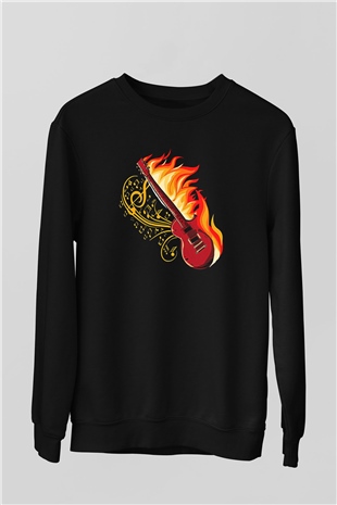 Elektro Gitar Baskılı Unisex Siyah Sweatshirt