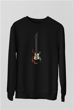 Elektro Gitar Baskılı Unisex Siyah Sweatshirt