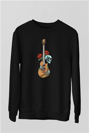 Elektro Gitar Baskılı Unisex Siyah Sweatshirt