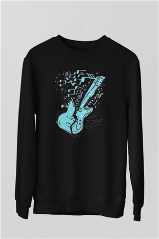 Elektro Gitar Baskılı Unisex Siyah Sweatshirt