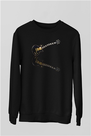 Elektro Gitar Baskılı Unisex Siyah Sweatshirt
