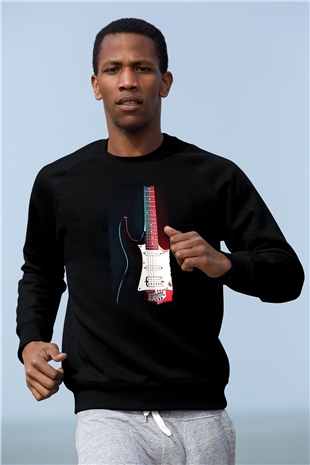 Elektro Gitar Baskılı Unisex Siyah Sweatshirt