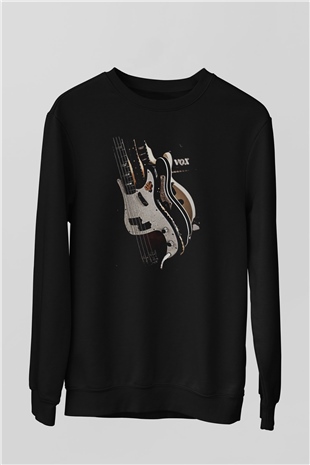 Elektro Gitar Baskılı Unisex Siyah Sweatshirt