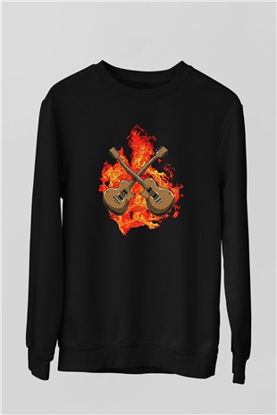 Elektro Gitar Baskılı Unisex Siyah Sweatshirt