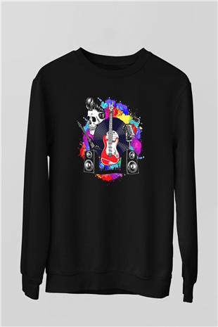 Elektro Gitar Baskılı Unisex Siyah Sweatshirt