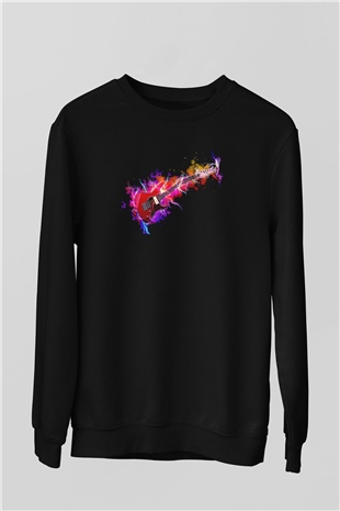 Elektro Gitar Baskılı Unisex Siyah Sweatshirt
