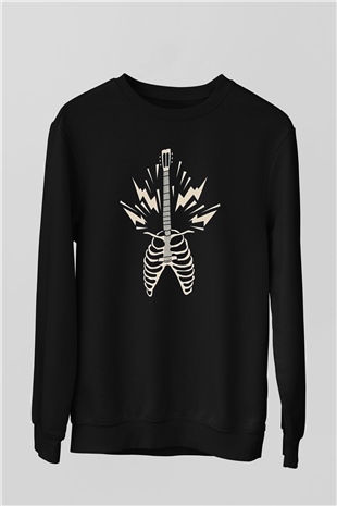 Elektro Gitar Baskılı Unisex Siyah Sweatshirt