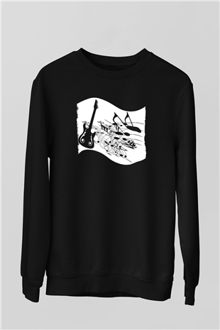 Elektro Gitar Baskılı Unisex Siyah Sweatshirt