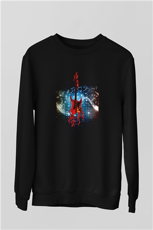 Elektro Gitar Baskılı Unisex Siyah Sweatshirt