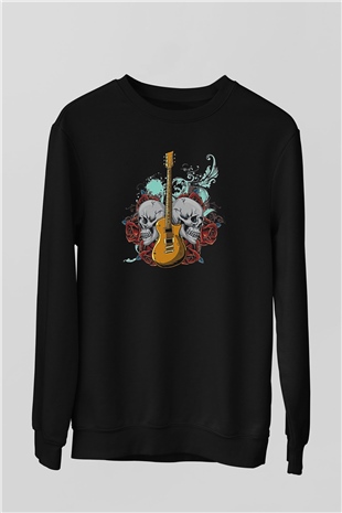 Elektro Gitar Baskılı Unisex Siyah Sweatshirt