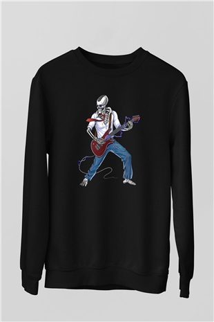 Elektro Gitar Baskılı Unisex Siyah Sweatshirt