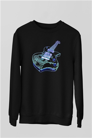 Elektro Gitar Baskılı Unisex Siyah Sweatshirt