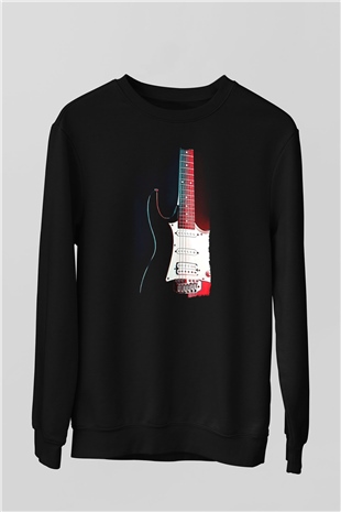 Elektro Gitar Baskılı Unisex Siyah Sweatshirt