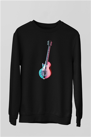 Elektro Gitar Baskılı Unisex Siyah Sweatshirt