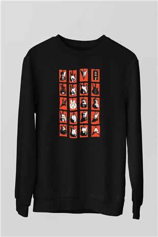 Elektro Gitar Baskılı Unisex Siyah Sweatshirt