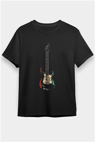 Elektro Gitar Baskılı Unisex Siyah Tişört - Tshirt