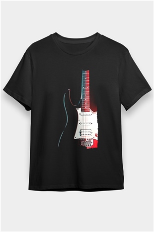Elektro Gitar Baskılı Unisex Siyah Tişört - Tshirt