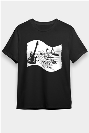 Elektro Gitar Baskılı Unisex Siyah Tişört - Tshirt