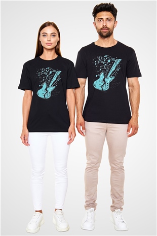 Elektro Gitar Baskılı Unisex Siyah Tişört - Tshirt