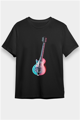 Elektro Gitar Baskılı Unisex Siyah Tişört - Tshirt