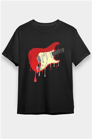 Elektro Gitar Baskılı Unisex Siyah Tişört - Tshirt
