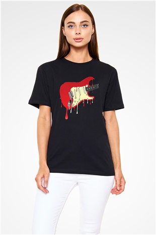 Elektro Gitar Baskılı Unisex Siyah Tişört - Tshirt