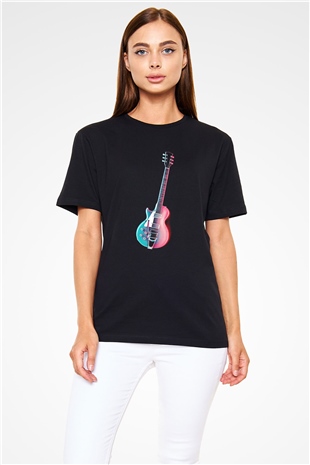 Elektro Gitar Baskılı Unisex Siyah Tişört - Tshirt